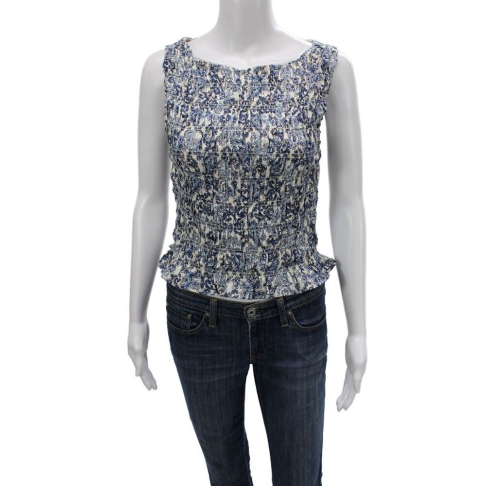 Hill House Women Bohemian Sleeveless Square Neck Paisley Blue Top Size S